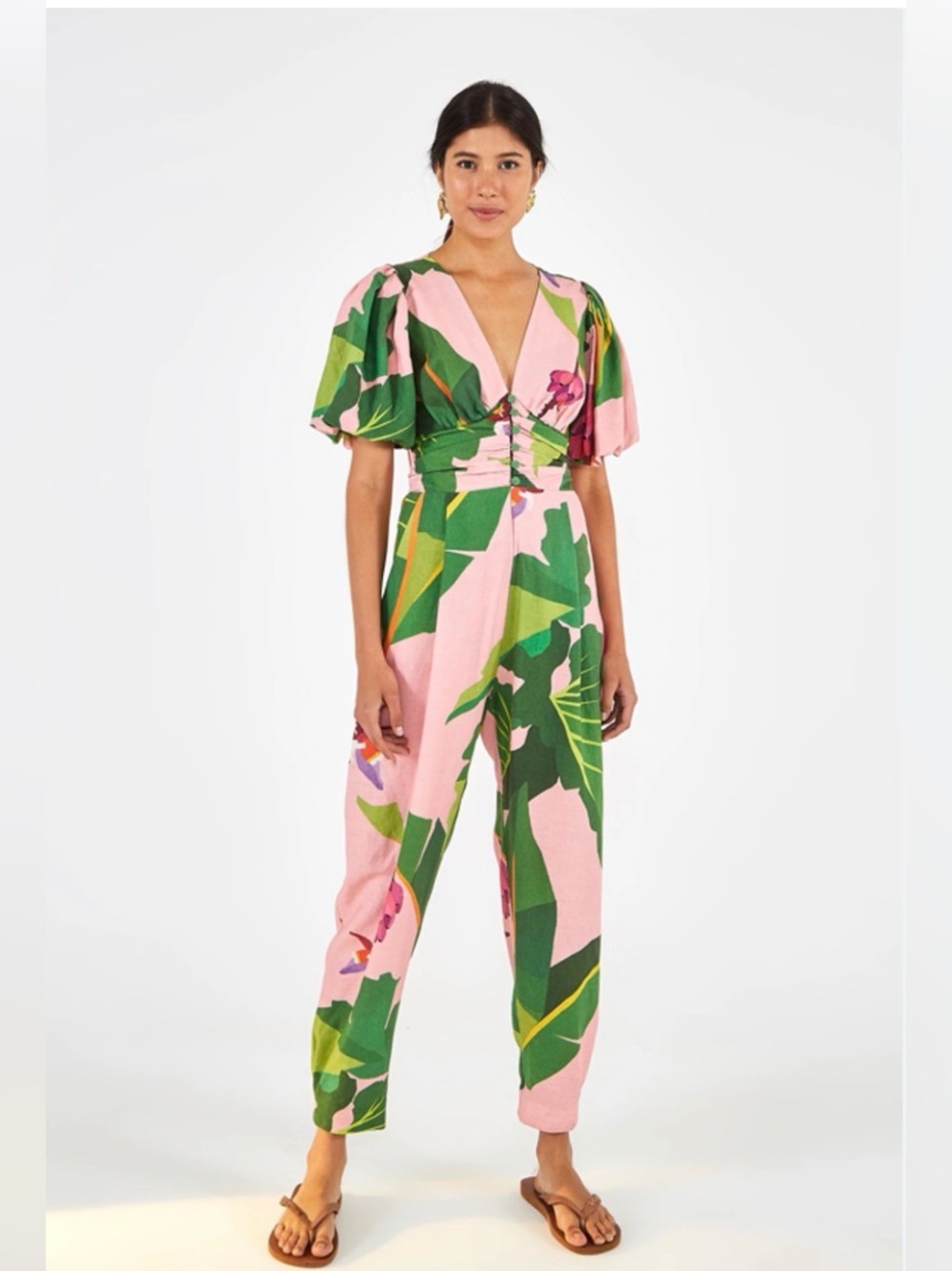 FARM Rio Pink Jumpsuit with Green Tropical Leaf Print